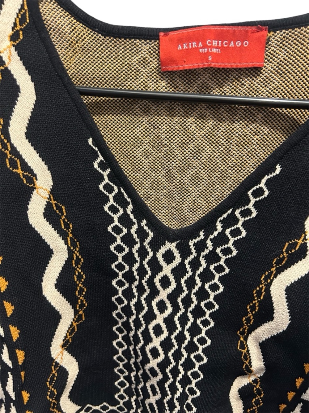 AKIRA Black Sweater with Cream & Mustard Geometric Pattern - Picture 3 of 4